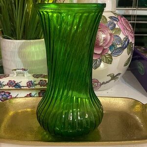 Vintage Green Hoosier Glass Ribbon Vase